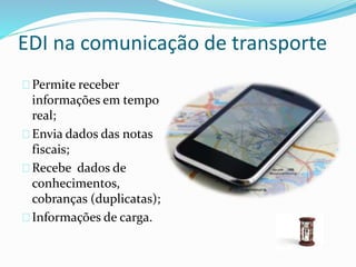 EDI na comunicação de transporte 
Permite receber 
informações em tempo 
real; 
Envia dados das notas 
fiscais; 
Recebe dados de 
conhecimentos, 
cobranças (duplicatas); 
Informações de carga. 
 