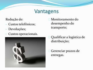 Vantagens 
Redução de: 
- Custos telefônicos; 
- Devoluções; 
- Custos operacionais. 
Monitoramento do 
desempenho do 
transporte; 
Qualificar a logística de 
distribuição; 
Gerenciar prazos de 
entregas. 
 