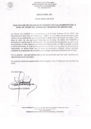 Edicto retiro fallecidos Municipio de Angostura - Antioquia