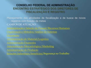 Planejamento das atividades de fiscalização e de busca de novos
registros com fixação de metas
CAMPOS DE ATUAÇÃO
Administração e Seleção de Pessoal/Recursos Humanos
Organização e Métodos/Análise de Sistemas
Orçamento
Administração de Material/Logística
Administração Financeira
Administração Mercadológica/Marketing
Administração de Produção
Relações Industriais/benefícios/Segurança no Trabalho
 