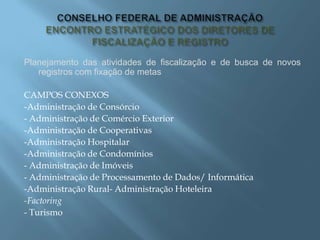 Planejamento das atividades de fiscalização e de busca de novos
registros com fixação de metas
CAMPOS CONEXOS
-Administração de Consórcio
- Administração de Comércio Exterior
-Administração de Cooperativas
-Administração Hospitalar
-Administração de Condomínios
- Administração de Imóveis
- Administração de Processamento de Dados/ Informática
-Administração Rural- Administração Hoteleira
-Factoring
- Turismo
 