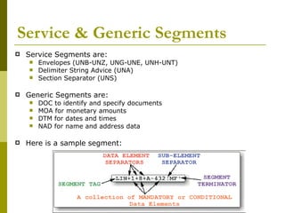 Service & Generic Segments Service Segments are:  Envelopes (UNB-UNZ, UNG-UNE, UNH-UNT) Delimiter String Advice (UNA) Section Separator (UNS) Generic Segments are: DOC to identify and specify documents MOA for monetary amounts DTM for dates and times NAD for name and address data Here is a sample segment: 