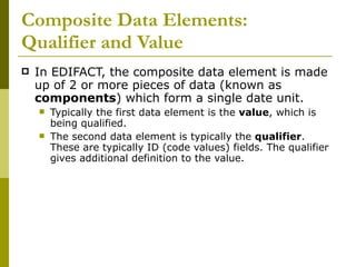Composite Data Elements:  Qualifier and Value In EDIFACT, the composite data element is made up of 2 or more pieces of data (known as  components ) which form a single date unit.  Typically the first data element is the  value , which is being qualified.  The second data element is typically the  qualifier . These are typically ID (code values) fields. The qualifier gives additional definition to the value. 