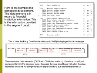 Here is an example of a composite data element. This data element is in regard to financial institution information. This is the information provided in the segment detail: This is how the Party Qualifier data element (3035) is displayed in the message: The composite data elements (C078 and C088) are made up of various conditional components from the segment table. Because they are conditional not all of the data elements are used. All components are separated by a sub-element qualifier (:). 