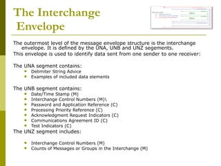 The Interchange  Envelope The outermost level of the message envelope structure is the interchange envelope. It is defined by the UNA, UNB and UNZ segements. This envelope is used to identify data sent from one sender to one receiver: The UNA segment contains: Delimiter String Advice Examples of included data elements The UNB segment contains: Date/Time Stamp (M) Interchange Control Numbers (M)\ Password and Application Reference (C) Processing Priority Reference (C) Acknowledgment Request Indicators (C) Communications Agreement ID (C) Test Indicators (C) The UNZ segment includes: Interchange Control Numbers (M) Counts of Messages or Groups in the Interchange (M) 