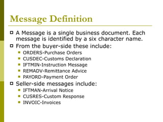 Message Definition A Message is a single business document. Each message is identified by a six character name.  From the buyer-side these include: ORDERS-Purchase Orders CUSDEC-Customs Declaration IFTMIN-Instruction Message REMADV-Remittance Advice PAYORD-Payment Order Seller-side messages include: IFTMAN-Arrival Notice CUSRES-Custom Response INVOIC-Invoices 