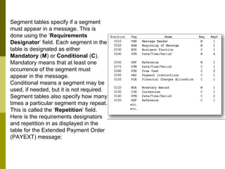 Segment tables specify if a segment must appear in a message. This is done using the ‘ Requirements Designator ’ field. Each segment in the table is designated as either  Mandatory  ( M ) or  Conditional  ( C ). Mandatory means that at least one occurrence of the segment must appear in the message. Conditional means a segment may be used, if needed, but it is not required. Segment tables also specify how many times a particular segment may repeat. This is called the ‘ Repetition ’ field. Here is the requirements designators and repetition in as displayed in the table for the Extended Payment Order (PAYEXT) message: 