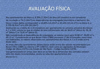 AVALIAÇÃO FÍSICA.
Nos apartamentos do bloco A, 8,70% (7,35m²) da área útil constitui-se em corredores
de circulação e 7% (5,90m²) em dependências da empregada (dormitório e banheiro). No
bloco C estes dados correspondem a 10,60% (14,13m²) e 10,10% (13,53 m²) e no bloco D, a
3,70% (6,35m²) e 6,10% (10,53m²).
Analisando-se a média de 2,18 moradores por apartamento no universo amostral dos blocos
A, C e D10, conclui-se que as médias de área útil/morador são de 38,60 m² (bloco A), 56,18
m² (bloco C) e 73,95 m² (bloco D).
Não considerando as dependências de empregada, os valores caem para 35,88 m², 50,00 m² e
69,12 m². Considerando-se que Boueri Filho (1989) preconiza 17,86 m²/morador como ideal
nas habitações, os valores observados nos apartamentos dos blocos A, C e D estão acima
deste valor.
As áreas úteis dos apartamentos destes blocos estão acima dos valores recomendados por
Boueri Filho (1989) ou mesmo o IPT (1987)11, bem como as Legislações do Município -
Código de Obras (1975) e do Estado de São Paulo – Código Sanitário (1978).
Esta generosidade em áreas úteis deve-se ao fato de as dimensões dos cômodos estarem
além dos dados recomendados, exceto as salas dos apartamentos dos
blocos A e C.
 