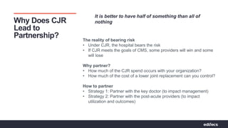 Pathways to Partnerships | Bridging Connections For Value
Why Does CJR
Lead to
Partnership?
It is better to have half of something than all of
nothing
The reality of bearing risk
• Under CJR, the hospital bears the risk
• If CJR meets the goals of CMS, some providers will win and some
will lose
Why partner?
• How much of the CJR spend occurs with your organization?
• How much of the cost of a lower joint replacement can you control?
How to partner
• Strategy 1: Partner with the key doctor (to impact management)
• Strategy 2: Partner with the post-acute providers (to impact
utilization and outcomes)
 