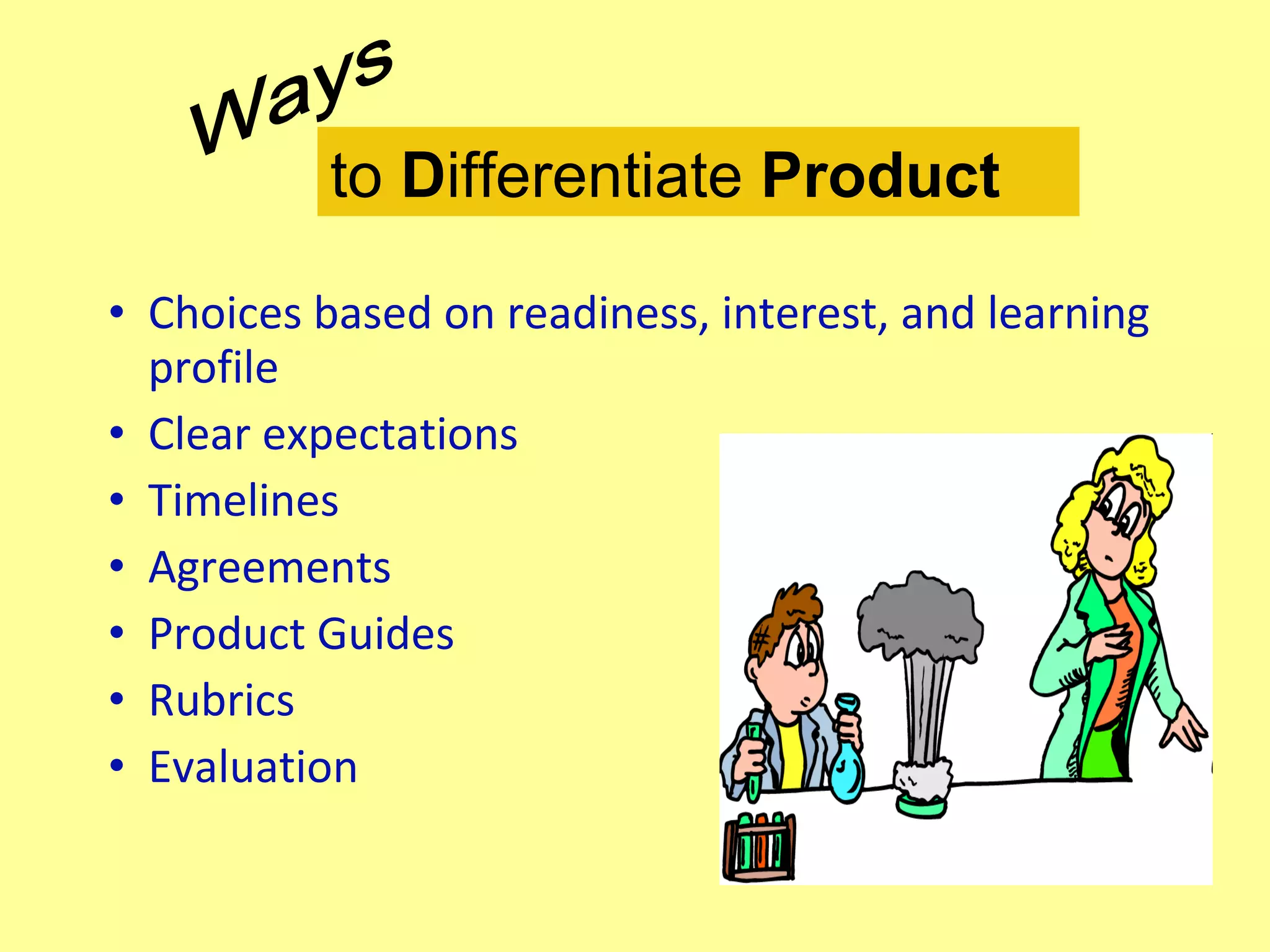 Choices based on readiness, interest, and learning profile Clear expectations Timelines Agreements Product Guides Rubrics Evaluation to  D ifferentiate  Product Ways 