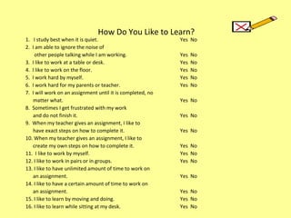 How Do You Like to Learn? 1.  I study best when it is quiet. Yes  No 2.  I am able to ignore the noise of   other people talking while I am working. Yes  No 3.  I like to work at a table or desk. Yes  No 4.  I like to work on the floor. Yes  No 5.  I work hard by myself. Yes  No 6.  I work hard for my parents or teacher. Yes  No 7.  I will work on an assignment until it is completed, no  matter what. Yes  No 8.  Sometimes I get frustrated with my work  and do not finish it. Yes  No 9.  When my teacher gives an assignment, I like to  have exact steps on how to complete it. Yes  No 10. When my teacher gives an assignment, I like to  create my own steps on how to complete it. Yes  No 11.  I like to work by myself. Yes  No 12. I like to work in pairs or in groups. Yes  No 13. I like to have unlimited amount of time to work on  an assignment. Yes  No 14. I like to have a certain amount of time to work on  an assignment. Yes  No 15. I like to learn by moving and doing. Yes  No 16. I like to learn while sitting at my desk. Yes  No 