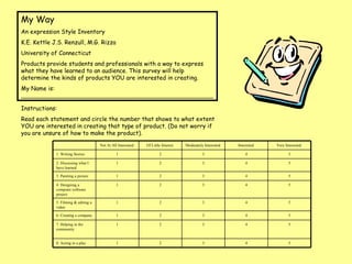My Way  An expression Style Inventory  K.E. Kettle J.S. Renzull, M.G. Rizza  University of Connecticut  Products provide students and professionals with a way to express what they have learned to an audience. This survey will help determine the kinds of products YOU are interested in creating.  My Name is: ____________________________________________________ Instructions: Read each statement and circle the number that shows to what extent YOU are interested in creating that type of product. (Do not worry if you are unsure of how to make the product).  Not At All Interested  Of Little Interest  Moderately Interested  Interested  Very Interested  1. Writing Stories  1 2 3 4 5 2. Discussing what I have learned 1 2 3 4 5 3. Painting a picture  1 2 3 4 5 4. Designing a computer software project  1 2 3 4 5 5. Filming & editing a video  1 2 3 4 5 6. Creating a company 1 2 3 4 5 7. Helping in the community  1 2 3 4 5 8. Acting in a play  1 2 3 4 5 