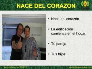 NACE DEL CORAZON 
• Nace del corazón 
• La edificación 
comienza en el hogar. 
• Tu pareja. 
• Tus hijos 
 