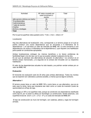 MIDEPLAN / Metodología Proyectos de Edificación Pública
28
Actividad M² netos ocupado por
cada funcionario o
recinto
Total
Jefe servicio (oficina con baño) 24 24
10 profesionales 7,5 75
3 administrativos 4 12
1 sala de reunión 12 12
2 baños 2 4
Archivo y bodegas 13,9 3,3
Total 130,3
Por lo que la superficie neta quedará como 16,2083,13086,77 m²
Localización
Hay dos alternativas de localización. Una, corresponde a un terreno propio en el cual se
podría construir una nueva dependencia que se encuentra a 6 kilómetros de la
dependencia 1, el cual tiene un valor de mercado de MM$ 100. La otra concierne a una
dependencia a la venta a 4 kilómetros de la dependencia 2, que requiere una habilitación
para quedar en condiciones apropiadas.
Ambas localizaciones entregan los mismos beneficios y no tienen problemas de
factibilidad legal o de otro tipo, por lo que se pueden adoptar cualquiera de las dos.
Es así que se plantean dos alternativas de solución: la alternativa 1 es construir en el
terreno propio mencionado, y la segunda es la compra del inmueble con su respectiva
habilitación.
El valor de las dependencias actuales ha sido tasado y se podrían vender ambas por un
valor de MM$ 146.
Evaluación
El horizonte de evaluación será de 20 años para ambas alternativas. Todos los montos
que se exponen son valorados a precios sociales, a menos que se diga lo contrario.
Alternativa 1
El terreno propio tiene un valor de MM$ 100 y como tiene un uso alternativo, que es en
este caso la venta, tiene que imputarse ese valor como un costo de inversión (costo de
oportunidad) en el flujo de caja.
Se agrega un 35% a la superficie neta, porque se construirá una dependencia clasificada
como tipo B, por no tener lo último en tecnología La construcción, tendrá entonces, una
superficie bruta de 3,27535,19,203 m² y un costo de mercado de MM$ 207.
El tipo de construcción es muro de hormigón, con cadenas, pilares y vigas de hormigón
armado.
 