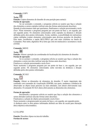 Escola Estadual de Educação Profissional [EEEP] Ensino Médio Integrado à Educação Profissional
Auto-CAD
20
Comando: COPY
Tecla:
Função: Copiar elementos do desenho de uma posição para outra(s)
Forma de operação:
Ao ser acionado o comando, o programa solicita ao usuário que faça a seleção
dos elementos a serem copiados (utilizar uma das formas anteriormente descritas).
Quando já selecionamos tudo que queríamos, finalizamos a seleção pressionando a tecla
Enter. Neste momento o programa pergunta por um ponto de base e, em seguida, por
um segundo ponto. Os elementos selecionados serão copiados na distancia e direção
definidas pelos dois pontos informados. Existe, também, a possibilidade de realizarmos
cópias múltiplas (copiar elementos selecionados para diversas posições do desenho).
Para tanto, escolhemos a opção MULTIPLE que está entre colchetes na Janela de
Comandos. Para tanto, digitamos M (a letra que está em maiúsculo) e acionamos a tecla
ENTER.
Comando: MOVE
Tecla:
Função: Alterar a posição (as coordenadas de localização) de elementos do desenho
Forma de operação:
Ao se acionar o comando, o programa solicita ao usuário que faça a seleção dos
elementos a serem movidos (utilizar uma das formas antes descritas).
Finaliza-se a seleção pressionando a tecla Enter.
Neste momento o programa pergunta por um ponto de base e, em seguida, por um
segundo ponto. Os elementos selecionados serão movidos na distância e direção
definidas pelos dois pontos informados.
Comando: SCALE
Tecla:
Função: Alterar as dimensões de elementos do desenho. É muito importante não
confundir com comandos de visualização (ZOOM), nos quais, mudamos a distância do
observador ao objeto (mais próximo ou mais afastado), sem alterar efetivamente suas
dimensões. O comando SCALE altera efetivamente as dimensões dos elementos.
Forma de operação:
Inicialmente o programa solicita ao usuário que faça a seleção dos elementos a
serem alterados (utilizar uma das formas antes descritas).
Finalizamos a seleção de objetos pressionando a tecla Enter.
Neste momento o programa pede um ponto de base e, em seguida, um segundo ponto.
A distância entre os dois pontos informados definirá um fator de escala para alteração
do(s) objeto(s) selecionado(s).
6.2 ELLIPSE
Função: Desenhar elipses na área de trabalho.
Formas de acesso:
 