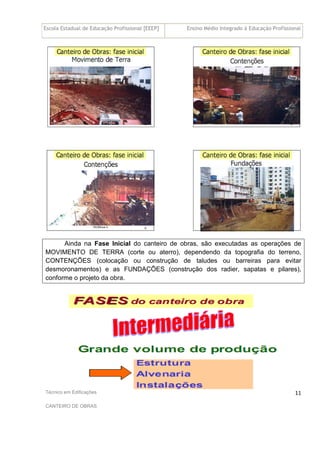 Escola Estadual de Educação Profissional [EEEP] Ensino Médio Integrado à Educação Profissional
Técnico em Edificações
CANTEIRO DE OBRAS
11
Ainda na Fase Inicial do canteiro de obras, são executadas as operações de
MOVIMENTO DE TERRA (corte ou aterro), dependendo da topografia do terreno,
CONTENÇÕES (colocação ou construção de taludes ou barreiras para evitar
desmoronamentos) e as FUNDAÇÕES (construção dos radier, sapatas e pilares),
conforme o projeto da obra.
 