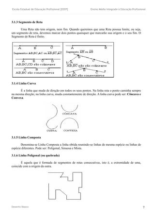 Escola Estadual de Educação Profissional [EEEP] Ensino Médio Integrado à Educação Profissional
Desenho Básico 7
3.1.3 Segmento de Reta
Uma Reta não tem origem, nem fim. Quando queremos que uma Reta possua limite, ou seja,
um segmento de reta, devemos marcar dois pontos quaisquer que marcarão sua origem e o seu fim. O
Segmento de Reta é finito.
3.1.4 Linha Curva
É a linha que muda de direção em todos os seus pontos. Na linha reta o ponto caminha sempre
na mesma direção, na linha curva, muda constantemente de direção. A linha curva pode ser: Côncava e
Convexa.
3.1.5 Linha Composta
Denomina-se Linha Composta a linha obtida reunindo-se linhas de mesma espécie ou linhas de
espécie diferentes. Pode ser: Poligonal, Sinuosa e Mista.
3.1.6 Linha Poligonal (ou quebrada)
É aquela que é formada de segmentos de retas consecutivas, isto é, a extremidade de uma,
coincide com a origem da outra.
 