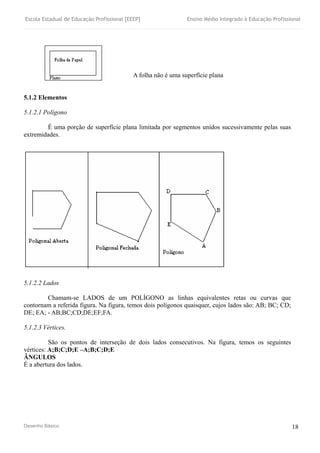 Escola Estadual de Educação Profissional [EEEP] Ensino Médio Integrado à Educação Profissional
Desenho Básico 18
A folha não é uma superfície plana
5.1.2 Elementos
5.1.2.1 Polígono
É uma porção de superfície plana limitada por segmentos unidos sucessivamente pelas suas
extremidades.
5.1.2.2 Lados
Chamam-se LADOS de um POLÍGONO as linhas equivalentes retas ou curvas que
contornam a referida figura. Na figura, temos dois polígonos quaisquer, cujos lados são: AB; BC; CD;
DE; EA; - AB;BC;CD;DE;EF;FA.
5.1.2.3 Vértices.
São os pontos de interseção de dois lados consecutivos. Na figura, temos os seguintes
vértices: A;B;C;D;E –A;B;C;D;E
ÂNGULOS
É a abertura dos lados.
 