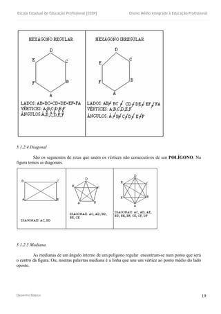 Escola Estadual de Educação Profissional [EEEP] Ensino Médio Integrado à Educação Profissional
Desenho Básico 19
5.1.2.4 Diagonal
São os segmentos de retas que unem os vértices não consecutivos de um POLÍGONO. Na
figura temos as diagonais.
5.1.2.5 Mediana
As medianas de um ângulo interno de um polígono regular encontram-se num ponto que será
o centro da figura. Ou, noutras palavras mediana é a linha que une um vértice ao ponto médio do lado
oposto.
 