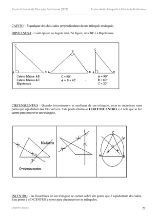 Escola Estadual de Educação Profissional [EEEP] Ensino Médio Integrado à Educação Profissional
Desenho Básico 27
CATETO – É qualquer dos dois lados perpendiculares de um triângulo retângulo.
HIPOTENUSA – Lado oposto ao ângulo reto. Na figura, reta BC é a Hipotenusa.
CIRCUNSCENTRO – Quando determinamos as medianas de um triângulo, estas se encontram num
ponto que eqüidistam dos três vértices. Este ponto chama-se CIRCUNSCENTRO, e é nele que se faz
centro para inscrever um triângulo.
INCENTRO – As Bissetrizes de um triângulo se cortam sobre um ponto que é eqüidistante dos lados.
Este ponto é o INCENTRO e serve para circunscrever os triângulos.
 