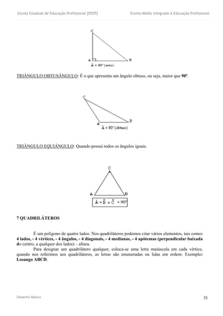 Escola Estadual de Educação Profissional [EEEP] Ensino Médio Integrado à Educação Profissional
Desenho Básico 31
TRIÂNGULO OBTUSÂNGULO: É o que apresenta um ângulo obtuso, ou seja, maior que 90º.
TRIÂNGULO EQUIÂNGULO: Quando possui todos os ângulos iguais.
7 QUADRILÁTEROS
É um polígono de quatro lados. Nos quadriláteros podemos citar vários elementos, tais como:
4 lados, - 4 vértices, - 4 ângulos, - 4 diagonais, - 4 medianas, - 4 apótemas (perpendicular baixada
do centro, a qualquer dos lados) – altura.
Para designar um quadrilátero qualquer, coloca-se uma letra maiúscula em cada vértice,
quando nos referimos aos quadriláteros, as letras são enumeradas ou lidas em ordem. Exemplo:
Losango ABCD.
 
