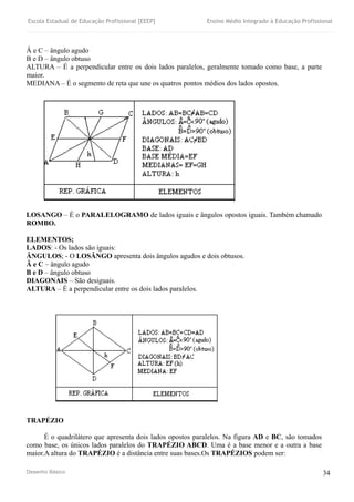 Escola Estadual de Educação Profissional [EEEP] Ensino Médio Integrado à Educação Profissional
Desenho Básico 34
Â e C – ângulo agudo
B e D – ângulo obtuso
ALTURA – É a perpendicular entre os dois lados paralelos, geralmente tomado como base, a parte
maior.
MEDIANA – É o segmento de reta que une os quatros pontos médios dos lados opostos.
LOSANGO – É o PARALELOGRAMO de lados iguais e ângulos opostos iguais. Também chamado
ROMBO.
ELEMENTOS;
LADOS: - Os lados são iguais:
ÂNGULOS; - O LOSÂNGO apresenta dois ângulos agudos e dois obtusos.
Â e C – ângulo agudo
B e D – ângulo obtuso
DIAGONAIS – São desiguais.
ALTURA – É a perpendicular entre os dois lados paralelos.
TRAPÉZIO
É o quadrilátero que apresenta dois lados opostos paralelos. Na figura AD e BC, são tomados
como base, os únicos lados paralelos do TRAPÉZIO ABCD. Uma é a base menor e a outra a base
maior.A altura do TRAPÉZIO é a distância entre suas bases.Os TRAPÉZIOS podem ser:
 