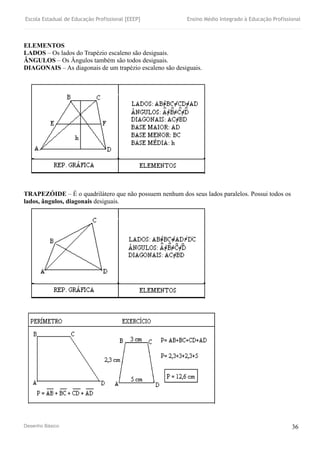 Escola Estadual de Educação Profissional [EEEP] Ensino Médio Integrado à Educação Profissional
Desenho Básico 36
ELEMENTOS
LADOS – Os lados do Trapézio escaleno são desiguais.
ÂNGULOS – Os Ângulos também são todos desiguais.
DIAGONAIS – As diagonais de um trapézio escaleno são desiguais.
TRAPEZÓIDE – É o quadrilátero que não possuem nenhum dos seus lados paralelos. Possui todos os
lados, ângulos, diagonais desiguais.
 