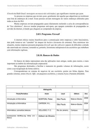 Escola Estadual de Educação Profissional [EEEP] Ensino Médio Integrado à Educação Profissional
Edificações – Informática Básica 28
(Unsolicited Bulk Email, mensagens em massa não solicitadas), que significam o mesmo que spam.
As pessoas ou empresas que enviam spam, geralmente são aquelas que adquiriram ou receberam
uma lista de endereços de e-mail. Essas pessoas enviam mensagens de vários endereços diferentes para
todas as áreas da Web.
Muitas empresas enviam propagandas quase diariamente enchendo a caixa de correspondências
de “lixo eletrônico”, deve-se instalar programas anti-spam, que apagam conteúdos de propagandas no
servidor da internet, evitando que cheguem ao computador da empresa.
2.8.9. Programa Firewall
A internet oferece muitos benefícios para a comunicação entre empresas e entre funcionários,
mas pode tornar-se um “caminho” de ataques de hackers (invasores de sistemas). Para minimizar tais
situações, muitas empresas possuem programas firewall, que são softwares capazes de dificultar a entrada
não autorizada nos sistemas, tornando-se, portanto, ferramenta indispensável em escritórios que trabalham
com informações sigilosas.
2.8.10. Bancos de Dados
Os bancos de dados representam uma das aplicações mais antigas, sendo, para muitos, a mais
importante no âmbito da informatização empresarial.
São programas destinados a facilitar o manuseio de grandes volumes de informações, assim
como a sua recuperação de forma seletiva.
Corresponderiam ao sistema de arquivos de um escritório, porém em fichas digitais. Para
grandes sistemas, temos Oracle, SQL; em pequenos escritórios, o sistema Acess é bastante difundido.
 
Bibliografia 
Título/Periódico  Autor  Local  Editora  Ano 
Introdução à Informática NORTON, Peter. São Paulo Makron Books
2006
Introdução a Informática CAPRON, H.L.
São Paulo Makron Books
2004
Informática: conceitos básicos VELLOSO, F. C. Rio de Janeiro Campus 2000
Conhecendo BrOffice.org Write 2.0 –
Básico
Adilson de Oliveira
 