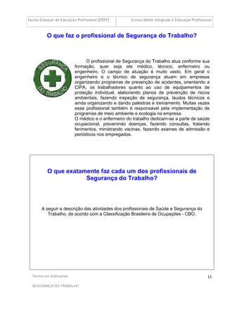 Escola Estadual de Educação Profissional [EEEP] Ensino Médio Integrado à Educação Profissional
Técnico em Edificações
SEGURANÇA DO TRABALHO
11
O que faz o profissional de Segurança do Trabalho?
O profissional de Segurança do Trabalho atua conforme sua
formação, quer seja ele médico, técnico, enfermeiro ou
engenheiro. O campo de atuação é muito vasto. Em geral o
engenheiro e o técnico de segurança atuam em empresas
organizando programas de prevenção de acidentes, orientando a
CIPA, os trabalhadores quanto ao uso de equipamentos de
proteção individual, elaborando planos de prevenção de riscos
ambientais, fazendo inspeção de segurança, laudos técnicos e
ainda organizando e dando palestras e treinamento. Muitas vezes
esse profissional também é responsável pela implementação de
programas de meio ambiente e ecologia na empresa.
O médico e o enfermeiro do trabalho dedicam-se a parte de saúde
ocupacional, prevenindo doenças, fazendo consultas, tratando
ferimentos, ministrando vacinas, fazendo exames de admissão e
periódicos nos empregados.
O que exatamente faz cada um dos profissionais de
Segurança do Trabalho?
A seguir a descrição das atividades dos profissionais de Saúde e Segurança do
Trabalho, de acordo com a Classificação Brasileira de Ocupações - CBO.
 