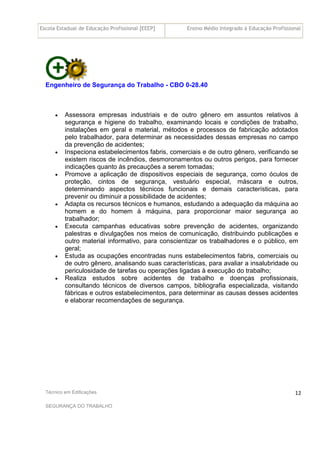 Escola Estadual de Educação Profissional [EEEP] Ensino Médio Integrado à Educação Profissional
Técnico em Edificações
SEGURANÇA DO TRABALHO
12
Engenheiro de Segurança do Trabalho - CBO 0-28.40
• Assessora empresas industriais e de outro gênero em assuntos relativos à
segurança e higiene do trabalho, examinando locais e condições de trabalho,
instalações em geral e material, métodos e processos de fabricação adotados
pelo trabalhador, para determinar as necessidades dessas empresas no campo
da prevenção de acidentes;
• Inspeciona estabelecimentos fabris, comerciais e de outro gênero, verificando se
existem riscos de incêndios, desmoronamentos ou outros perigos, para fornecer
indicações quanto às precauções a serem tomadas;
• Promove a aplicação de dispositivos especiais de segurança, como óculos de
proteção, cintos de segurança, vestuário especial, máscara e outros,
determinando aspectos técnicos funcionais e demais características, para
prevenir ou diminuir a possibilidade de acidentes;
• Adapta os recursos técnicos e humanos, estudando a adequação da máquina ao
homem e do homem à máquina, para proporcionar maior segurança ao
trabalhador;
• Executa campanhas educativas sobre prevenção de acidentes, organizando
palestras e divulgações nos meios de comunicação, distribuindo publicações e
outro material informativo, para conscientizar os trabalhadores e o público, em
geral;
• Estuda as ocupações encontradas nuns estabelecimentos fabris, comerciais ou
de outro gênero, analisando suas características, para avaliar a insalubridade ou
periculosidade de tarefas ou operações ligadas à execução do trabalho;
• Realiza estudos sobre acidentes de trabalho e doenças profissionais,
consultando técnicos de diversos campos, bibliografia especializada, visitando
fábricas e outros estabelecimentos, para determinar as causas desses acidentes
e elaborar recomendações de segurança.
 