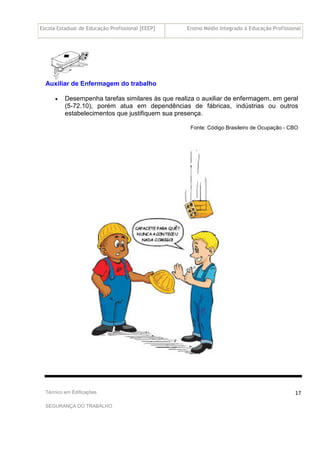 Escola Estadual de Educação Profissional [EEEP] Ensino Médio Integrado à Educação Profissional
Técnico em Edificações
SEGURANÇA DO TRABALHO
17
Auxiliar de Enfermagem do trabalho
• Desempenha tarefas similares às que realiza o auxiliar de enfermagem, em geral
(5-72.10), porém atua em dependências de fábricas, indústrias ou outros
estabelecimentos que justifiquem sua presença.
Fonte: Código Brasileiro de Ocupação - CBO
 