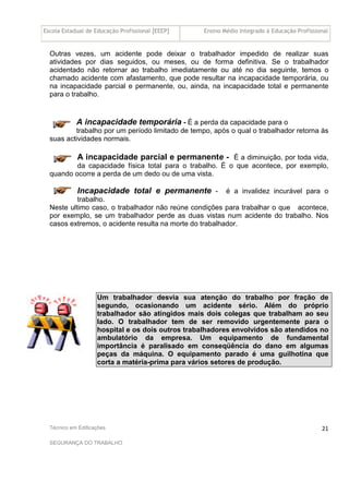Escola Estadual de Educação Profissional [EEEP] Ensino Médio Integrado à Educação Profissional
Técnico em Edificações
SEGURANÇA DO TRABALHO
21
Outras vezes, um acidente pode deixar o trabalhador impedido de realizar suas
atividades por dias seguidos, ou meses, ou de forma definitiva. Se o trabalhador
acidentado não retornar ao trabalho imediatamente ou até no dia seguinte, temos o
chamado acidente com afastamento, que pode resultar na incapacidade temporária, ou
na incapacidade parcial e permanente, ou, ainda, na incapacidade total e permanente
para o trabalho.
A incapacidade temporária - É a perda da capacidade para o
trabalho por um período limitado de tempo, após o qual o trabalhador retorna às
suas actividades normais.
A incapacidade parcial e permanente - É a diminuição, por toda vida,
da capacidade física total para o trabalho. É o que acontece, por exemplo,
quando ocorre a perda de um dedo ou de uma vista.
Incapacidade total e permanente - é a invalidez incurável para o
trabalho.
Neste ultimo caso, o trabalhador não reúne condições para trabalhar o que acontece,
por exemplo, se um trabalhador perde as duas vistas num acidente do trabalho. Nos
casos extremos, o acidente resulta na morte do trabalhador.
Um trabalhador desvia sua atenção do trabalho por fração de
segundo, ocasionando um acidente sério. Além do próprio
trabalhador são atingidos mais dois colegas que trabalham ao seu
lado. O trabalhador tem de ser removido urgentemente para o
hospital e os dois outros trabalhadores envolvidos são atendidos no
ambulatório da empresa. Um equipamento de fundamental
importância é paralisado em conseqüência do dano em algumas
peças da máquina. O equipamento parado é uma guilhotina que
corta a matéria-prima para vários setores de produção.
 