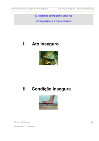 Escola Estadual de Educação Profissional [EEEP] Ensino Médio Integrado à Educação Profissional
Técnico em Edificações
SEGURANÇA DO TRABALHO
22
O acidente de trabalho deve-se
principalmente a duas causas:
I. Ato inseguro
II. Condição Insegura
 