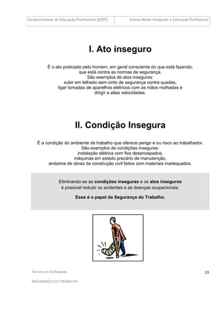Escola Estadual de Educação Profissional [EEEP] Ensino Médio Integrado à Educação Profissional
Técnico em Edificações
SEGURANÇA DO TRABALHO
23
I. Ato inseguro
É o ato praticado pelo homem, em geral consciente do que está fazendo,
que está contra as normas de segurança.
São exemplos de atos inseguros:
subir em telhado sem cinto de segurança contra quedas,
ligar tomadas de aparelhos elétricos com as mãos molhadas e
dirigir a altas velocidades.
II. Condição Insegura
É a condição do ambiente de trabalho que oferece perigo e ou risco ao trabalhador.
São exemplos de condições inseguras:
instalação elétrica com fios desencapados,
máquinas em estado precário de manutenção,
andaime de obras de construção civil feitos com materiais inadequados.
Eliminando-se as condições inseguras e os atos inseguros
é possível reduzir os acidentes e as doenças ocupacionais.
Esse é o papel da Segurança do Trabalho.
 