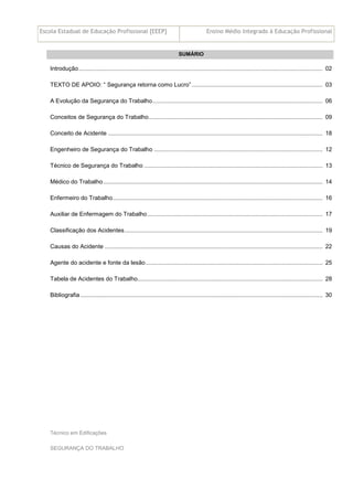 Escola Estadual de Educação Profissional [EEEP] Ensino Médio Integrado à Educação Profissional
Técnico em Edificações
SEGURANÇA DO TRABALHO
SUMÁRIO
Introdução..................................................................................................................................................... 02
TEXTO DE APOIO: “ Segurança retorna como Lucro”................................................................................ 03
A Evolução da Segurança do Trabalho........................................................................................................ 06
Conceitos de Segurança do Trabalho.......................................................................................................... 09
Conceito de Acidente ................................................................................................................................... 18
Engenheiro de Segurança do Trabalho ....................................................................................................... 12
Técnico de Segurança do Trabalho ............................................................................................................. 13
Médico do Trabalho...................................................................................................................................... 14
Enfermeiro do Trabalho................................................................................................................................ 16
Auxiliar de Enfermagem do Trabalho........................................................................................................... 17
Classificação dos Acidentes......................................................................................................................... 19
Causas do Acidente ..................................................................................................................................... 22
Agente do acidente e fonte da lesão............................................................................................................ 25
Tabela de Acidentes do Trabalho................................................................................................................. 28
Bibliografia.................................................................................................................................................... 30
 