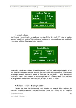 Escola Estadual de Educação Profissional [EEEP] Ensino Médio Integrado à Educação Profissional
Técnico em Edificações
PROJETOS ELÉTRICOS I e II
97
 energia elétrica
No Sistema Internacional, a unidade de energia elétrica é o joule (J), mas na prática
usamos o quilowatt hora (kWh). A conta de consumo de eletricidade da sua residência
vem nessa unidade. Observe a figura a seguir:
Note que o kWh é uma unidade de medida grande e por isso ela é compatível para o uso
nas medidas de energia elétrica. Imagine que sem avisar a companhia de fornecimento
de energia elétrica resolvesse enviar a conta de luz em joules. O valor da energia
consumida seria o valor em kWh multiplicado por 3.600.000J. O resultado seria um valor
muito grande que no mínimo resultaria em um susto no dono da conta.
Cálculo do consumo de energia elétrica
Vamos por meio de um exemplo bem simples ver como é feito o cálculo do
consumo de energia elétrica. Considere um banho de 10 minutos em um chuveiro
 