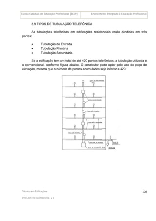Escola Estadual de Educação Profissional [EEEP] Ensino Médio Integrado à Educação Profissional
Técnico em Edificações
PROJETOS ELÉTRICOS I e II
108
3.9 TIPOS DE TUBULAÇÃO TELEFÔNICA
As tubulações telefônicas em edificações residenciais estão divididas em três
partes:
• Tubulação de Entrada
• Tubulação Primária
• Tubulação Secundária
Se a edificação tem um total de até 420 pontos telefônicos, a tubulação utilizada é
o convencional, conforme figura abaixo. O construtor pode optar pelo uso do poço de
elevação, mesmo que o número de pontos acumulados seja inferior a 420.
 