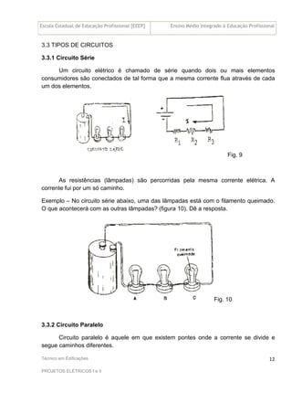 Escola Estadual de Educação Profissional [EEEP] Ensino Médio Integrado à Educação Profissional
Técnico em Edificações
PROJETOS ELÉTRICOS I e II
12
3.3 TIPOS DE CIRCUITOS
3.3.1 Circuito Série
Um circuito elétrico é chamado de série quando dois ou mais elementos
consumidores são conectados de tal forma que a mesma corrente flua através de cada
um dos elementos.
Fig. 9
As resistências (lâmpadas) são percorridas pela mesma corrente elétrica. A
corrente fui por um só caminho.
Exemplo – No circuito série abaixo, uma das lâmpadas está com o filamento queimado.
O que acontecerá com as outras lâmpadas? (figura 10). Dê a resposta.
Fig. 10
3.3.2 Circuito Paralelo
Circuito paralelo é aquele em que existem pontes onde a corrente se divide e
segue caminhos diferentes.
 