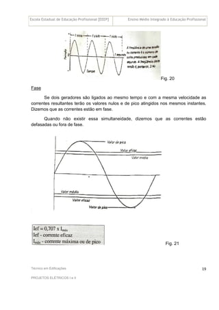 Escola Estadual de Educação Profissional [EEEP] Ensino Médio Integrado à Educação Profissional
Técnico em Edificações
PROJETOS ELÉTRICOS I e II
19
Fig. 20
Fase
Se dois geradores são ligados ao mesmo tempo e com a mesma velocidade as
correntes resultantes terão os valores nulos e de pico atingidos nos mesmos instantes.
Dizemos que as correntes estão em fase.
Quando não existir essa simultaneidade, dizemos que as correntes estão
defasadas ou fora de fase.
Fig. 21
 
