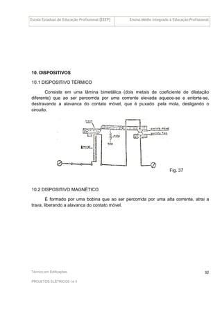 Escola Estadual de Educação Profissional [EEEP] Ensino Médio Integrado à Educação Profissional
Técnico em Edificações
PROJETOS ELÉTRICOS I e II
32
10. DISPOSITIVOS
10.1 DISPOSITIVO TÉRMICO
Consiste em uma lâmina bimetálica (dois metais de coeficiente de dilatação
diferente) que ao ser percorrida por uma corrente elevada aquece-se e entorta-se,
destravando a alavanca do contato móvel, que é puxado .pela mola, desligando o
circuito.
Fig. 37
10.2 DISPOSITIVO MAGNÉTICO
É formado por uma bobina que ao ser percorrida por uma alta corrente, atrai a
trava, liberando a alavanca do contato móvel.
 