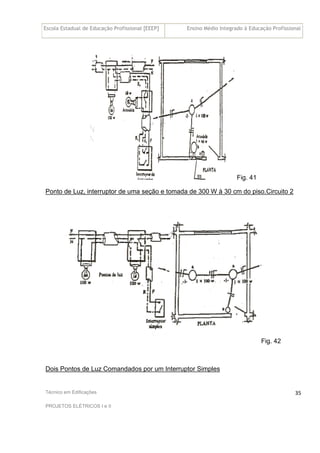 Escola Estadual de Educação Profissional [EEEP] Ensino Médio Integrado à Educação Profissional
Técnico em Edificações
PROJETOS ELÉTRICOS I e II
35
Fig. 41
Ponto de Luz, interruptor de uma seção e tomada de 300 W à 30 cm do piso.Circuito 2
Fig. 42
Dois Pontos de Luz Comandados por um Interruptor Simples
 