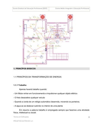 Escola Estadual de Educação Profissional [EEEP] Ensino Médio Integrado à Educação Profissional
Técnico em Edificações
PROJETOS ELÉTRICOS I e II
3
1. PRINCÍPOS BÁSICOS
1.1 PRINCÍPIOS DA TRANSFORMAÇÃO DE ENERGIA
1.1.1 Trabalho
Apenas haverá trabalho quando:
- Um Motor entrar em funcionamento e impulsionar qualquer objeto elétrico
- O freio desacelera qualquer veículo
- Quando a corda de um relógio automático desenrola, movendo os ponteiros.
- A água ao se deslocar subindo no interior de uma planta
Em resumo a palavra trabalho é empregada sempre que fazemos uma atividade
física, intelectual ou social.
 
