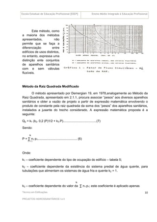 Escola Estadual de Educação Profissional [EEEP] Ensino Médio Integrado à Educação Profissional
Técnico em Edificações
PROJETOS HIDROSSANITÁRIOS I e II
10
Este método, como
a maioria dos métodos
apresentados, não
permite que se faça a
diferenciação entre
edifícios de usos distintos,
no entanto, expressa uma
distinção ente conjuntos
de aparelhos sanitários
com e sem válvulas
fluxíveis.
Método da Raiz Quadrada Modificado
O método apresentado por Demergian 19, em 1978,analogamente ao Método da
Raiz Quadrada, apresentado em 2.1.1, procura associar ”pesos” aos diversos aparelhos
sanitários e obter a vazão de projeto a partir de expressão matemática envolvendo o
produto de constante pela raiz quadrada da soma dos “pesos” dos aparelhos sanitários,
instalados a jusante do trecho considerado. A expressão matemática proposta é a
seguinte:
Qp = k1 (k2. 0,2 (P)1/2 + k3.P)......................................(7)
Sendo:
N
P = ∑ n1 p1............................................. (6)
1 = 1
Onde:
k1 – coeficiente dependente do tipo de ocupação do edifício – tabela 5;
k2 – coeficiente dependente da existência do sistema predial de água quente, para
tubulações que alimentam os sistemas de água fria e quente k2 = 1.
N
k3 – coeficiente dependente do valor da ∑ n1 p1; este coeficiente é aplicado apenas
 