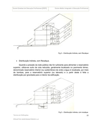 Escola Estadual de Educação Profissional [EEEP] Ensino Médio Integrado à Educação Profissional
Técnico em Edificações
PROJETOS HIDROSSANITÁRIOS I e II
22
Fig.2 – Distribuição Indireta, sem Recalque
• Distribuição Indireta, com Recalque.
Quando a pressão da rede pública não for suficiente para alimentar o reservatório
superior, utiliza-se outro de cota reduzida, geralmente localizado no pavimento térreo,
denominado reservatório interior (ou subterrâneo) de onde a água é recalcada, por meio
de bombas, para o reservatório superior (ou elevado) e a partir deste é feita a
distribuição por gravidade para o interior da edificação.
Fig.3 – Distribuição indireta, com recalque.
 