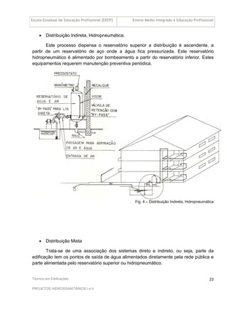 Escola Estadual de Educação Profissional [EEEP] Ensino Médio Integrado à Educação Profissional
Técnico em Edificações
PROJETOS HIDROSSANITÁRIOS I e II
23
• Distribuição Indireta, Hidropneumática.
Este processo dispensa o reservatório superior a distribuição é ascendente, a
partir de um reservatório de aço onde a água fica pressurizada. Este reservatório
hidropneumático é alimentado por bombeamento a partir do reservatório inferior. Estes
equipamentos requerem manutenção preventiva periódica.
Fig. 4 – Distribuição Indireta, Hidropneumática
• Distribuição Mista
Trata-se de uma associação dos sistemas direto e indireto, ou seja, parte da
edificação tem os pontos de saída de água alimentados diretamente pela rede pública e
parte alimentada pelo reservatório superior ou hidropneumático.
 