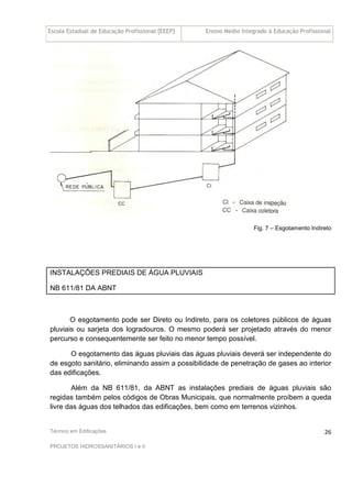 Escola Estadual de Educação Profissional [EEEP] Ensino Médio Integrado à Educação Profissional
Técnico em Edificações
PROJETOS HIDROSSANITÁRIOS I e II
26
Fig. 7 – Esgotamento Indireto
INSTALAÇÕES PREDIAIS DE ÁGUA PLUVIAIS
NB 611/81 DA ABNT
O esgotamento pode ser Direto ou Indireto, para os coletores públicos de águas
pluviais ou sarjeta dos logradouros. O mesmo poderá ser projetado através do menor
percurso e consequentemente ser feito no menor tempo possível.
O esgotamento das águas pluviais das águas pluviais deverá ser independente do
de esgoto sanitário, eliminando assim a possibilidade de penetração de gases ao interior
das edificações.
Além da NB 611/81, da ABNT as instalações prediais de águas pluviais são
regidas também pelos códigos de Obras Municipais, que normalmente proíbem a queda
livre das águas dos telhados das edificações, bem como em terrenos vizinhos.
 