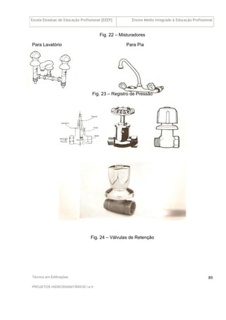 Escola Estadual de Educação Profissional [EEEP] Ensino Médio Integrado à Educação Profissional
Técnico em Edificações
PROJETOS HIDROSSANITÁRIOS I e II
89
Fig. 22 – Misturadores
Para Lavatório Para Pia
Fig. 23 – Registro de Pressão
Fig. 24 – Válvulas de Retenção
 