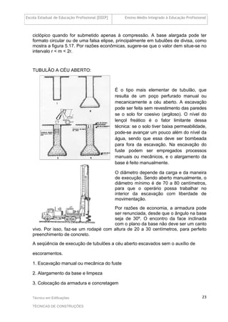 Escola Estadual de Educação Profissional [EEEP] Ensino Médio Integrado à Educação Profissional
Técnico em Edificações
TÉCNICAS DE CONSTRUÇÕES
23
ciclópico quando for submetido apenas à compressão. A base alargada pode ter
formato circular ou de uma falsa elipse, principalmente em tubulões de divisa, como
mostra a figura 5.17. Por razões econômicas, sugere-se que o valor dem situe-se no
intervalo r < m < 2r.
TUBULÃO A CÉU ABERTO:
É o tipo mais elementar de tubulão, que
resulta de um poço perfurado manual ou
mecanicamente a céu aberto. A escavação
pode ser feita sem revestimento das paredes
se o solo for coesivo (argiloso). O nível do
lençol freático é o fator limitante dessa
técnica: se o solo tiver baixa permeabilidade,
pode-se avançar um pouco além do nível da
água, sendo que essa deve ser bombeada
para fora da escavação. Na escavação do
fuste podem ser empregados processos
manuais ou mecânicos, e o alargamento da
base é feito manualmente.
O diâmetro depende da carga e da maneira
de execução. Sendo aberto manualmente, o
diâmetro mínimo é de 70 a 80 centímetros,
para que o operário possa trabalhar no
interior da escavação com liberdade de
movimentação.
Por razões de economia, a armadura pode
ser renunciada, desde que o ângulo na base
seja de 30º. O encontro da face inclinada
com o plano da base não deve ser um canto
vivo. Por isso, faz-se um rodapé com altura de 20 a 30 centímetros, para perfeito
preenchimento de concreto.
A seqüência de execução de tubulões a céu aberto escavados sem o auxílio de
escoramentos.
1. Escavação manual ou mecânica do fuste
2. Alargamento da base e limpeza
3. Colocação da armadura e concretagem
 
