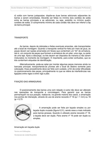 Escola Estadual de Educação Profissional [EEEP] Ensino Médio Integrado à Educação Profissional
Técnico em Edificações
TÉCNICAS DE CONSTRUÇÕES
29
d) solda com barras justapostas: dispõe-se duas barras adicionais adjacentes às
barras a serem emendadas. Deverão ser feitas no mínimo dois cordões de solda
entre as barras principais e as adicionais, ou seja, existirão no mínimo quatro
cordões de solda. O comprimento mínimo de cada cordão não deve ser inferior a 5φ
da barra principal.
TRANSPORTE
As barras, depois de dobradas e feitas eventuais emendas, são transportadas
até o local de montagem. Quando o transporte vertical for feito por meio de grua, as
peças devem ser içadas amarradas em feixes que contenham um “kit” de armadura,
isto é, um conjunto de peças que formem a armadura de um pilar, uma viga, ou parte
de uma laje. Após a descarga, os kits devem ser dispostos de maneira a não serem
misturados no momento da montagem. É importante, para evitar confusões, que os
kits contenham etiquetas de identificação.
Alternativamente, pode-se optar por montar algumas peças menores ainda na
bancada principal, transportando-as prontas até o local de destino somente para
colocação. Esse procedimento deve ser feito com cuidado, a fim de evitar dificuldade
no posicionamento das peças, principalmente no que se refere às interferências nas
ligações entre vigas e entre viga e pilar.
FIXAÇÃO DAS ARMADURAS
O posicionamento das barras uma com relação à outra não deve ser alterado
nas operações de transporte e concretagem. Para garantir que as barras
permaneçam na sua posição, realiza-se, na grande maioria dos casos, a amarração
nos pontos de interseção, através do uso de arame recozido nº 16 (φ = 1 mm) ou 18
(φ = 0,75
A amarração pode ser feita por laçada simples ou por
laçada dupla cruzada (figura 6.31), sendo essa a mais indicada
para barras grossas. Quando é utilizado arame recozido nº 18,
a laçada deve ser dupla. Para arame nº 16 pode ser dupla ou
simples.
Amarração em laçada dupla
 