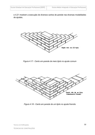 Escola Estadual de Educação Profissional [EEEP] Ensino Médio Integrado à Educação Profissional
Técnico em Edificações
TÉCNICAS DE CONSTRUÇÕES
50
e 4.21 mostram a execução de diversos cantos de parede nas diversas modalidades
de ajustes.
Figura 4.17 - Canto em parede de meio tijolo no ajuste comum
Figura 4.18 - Canto em parede de um tijolo no ajuste francês
 